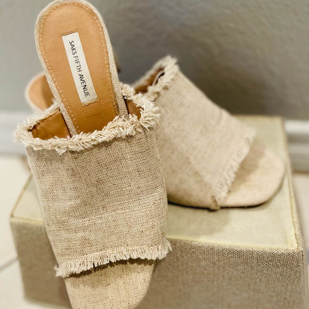 Saks Fifth Avenue Cream Mules with Frayed Edges